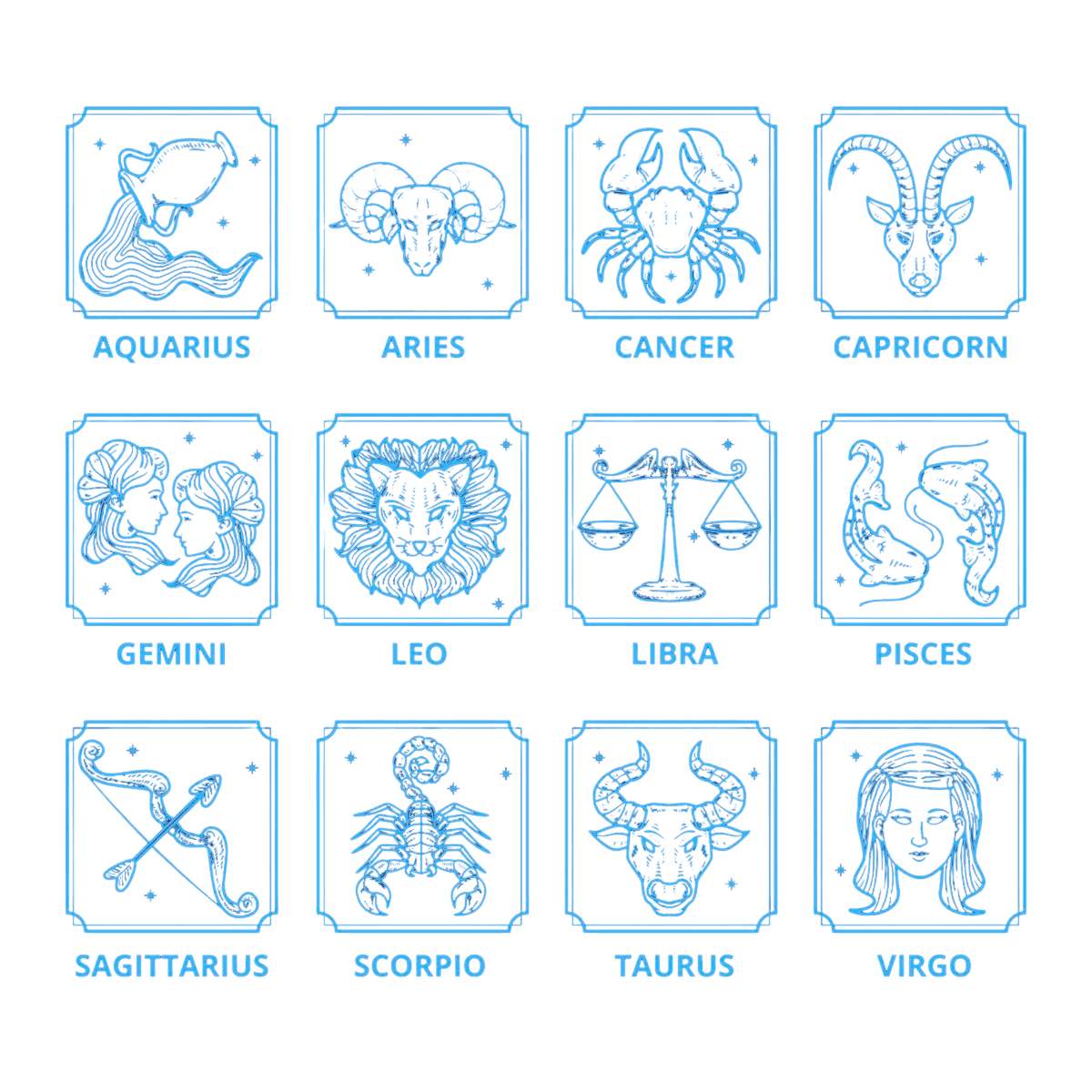A zodiac grid showing all zodiac signs